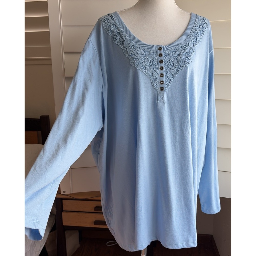 Woman Within 4X Light Blue Cotton Blend Top Crochet Lace Henley Tunic Boho New